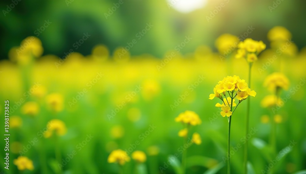 Obraz premium Yellow European goldenrod flowers blooming in lush green summer meadow, plants, warm