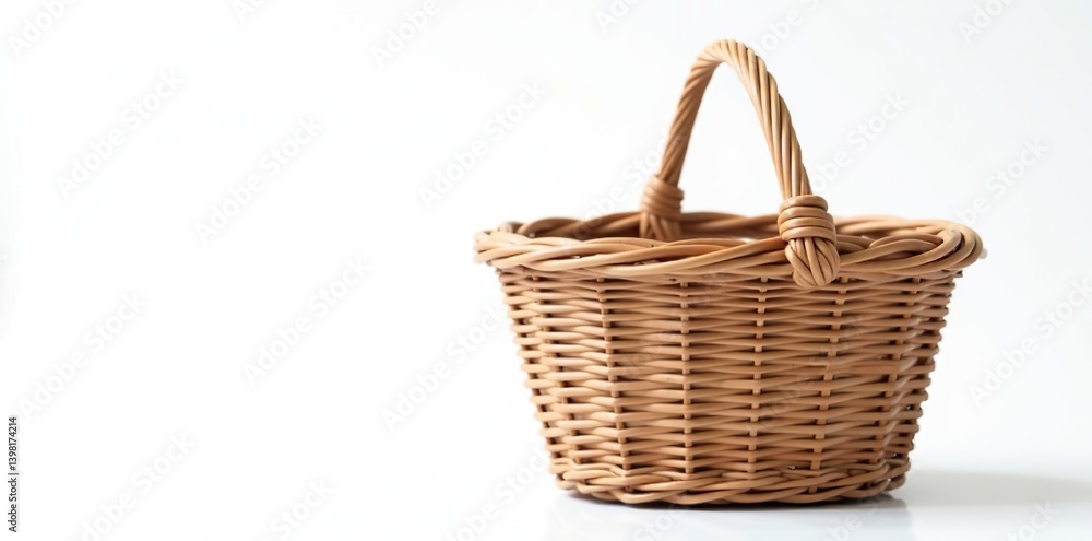 Wicker basket with handle on white background, weave, rustic Wicker basket with handle on white background, weave, rustic