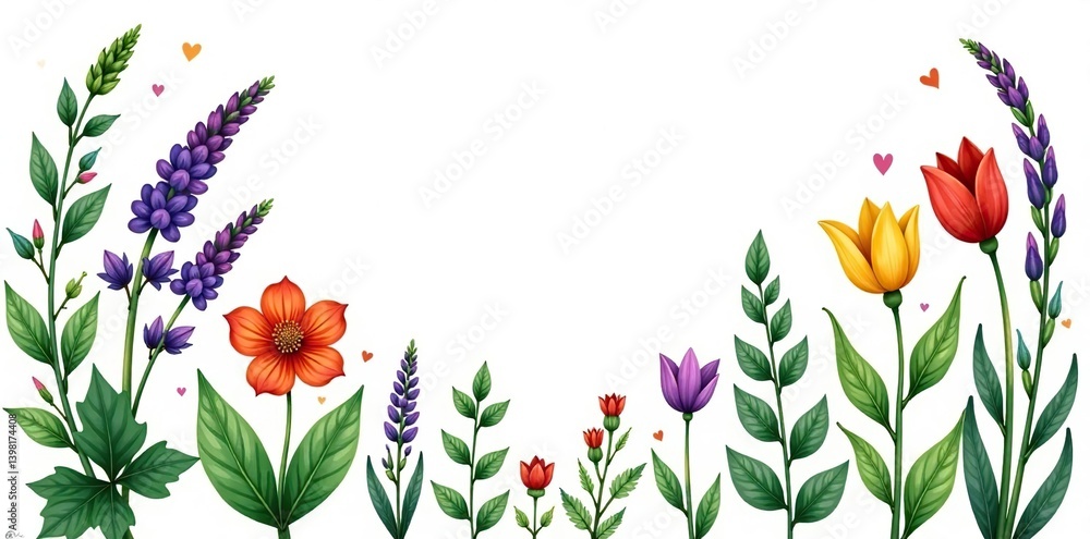 Fototapeta premium Watercolor illustration of herbs, plants, and flowers in vibrant colors, hand-drawn graphic sketches for design use, botanical art, vibrant