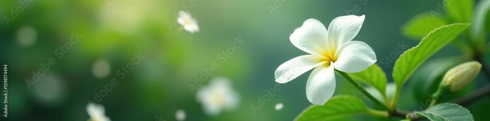 Fototapeta premium White jasmine flower gracefully falling through the air, petals gently drifting in a serene and peaceful motion, peaceful, elegance