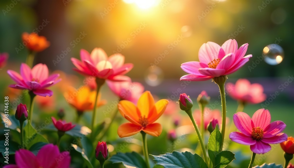 Vibrant blooming flowers in colorful garden with floating bubbles, blurred natural bokeh background at sunset, bubbles, beauty Vibrant blooming flowers in colorful garden with floating bubbles, blurred natural bokeh background at sunset, bubbles, beauty