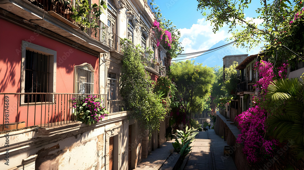 Fototapeta premium Charming Spanish Alleyway With Pink Buildings And Blooming Plants