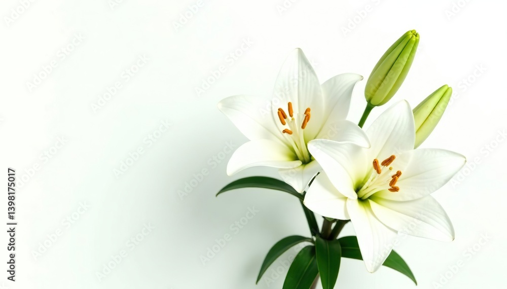 White Lily flower bouquet with green leaves isolated for design projects, bloom, nature White Lily flower bouquet with green leaves isolated for design projects, bloom, nature