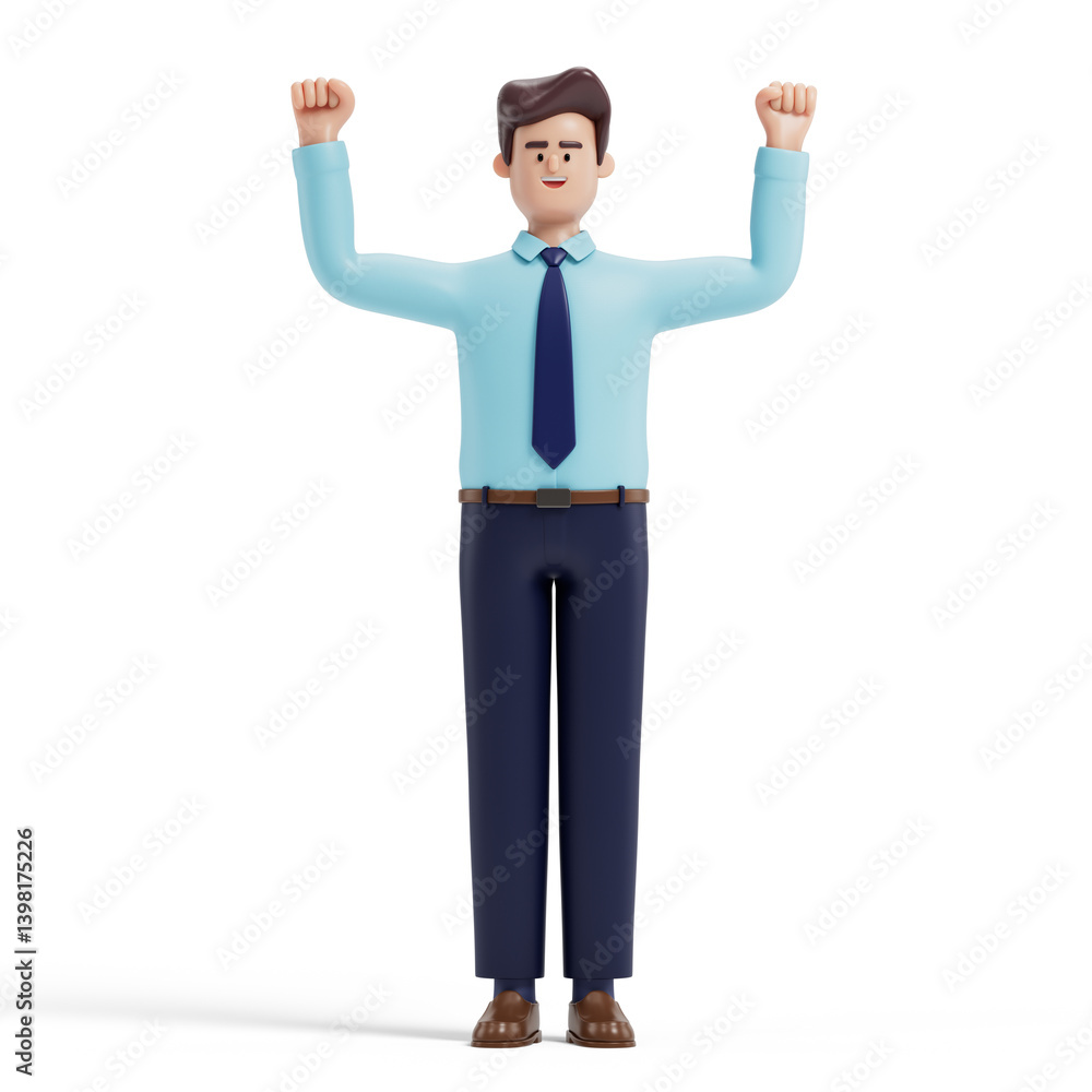 Man with raised fists, symbolizing success, achievement, or victory. 3D rendering, conceptual image. Isolated on white background. Man with raised fists, symbolizing success, achievement, or victory. 3D rendering, conceptual image. Isolated on white background.