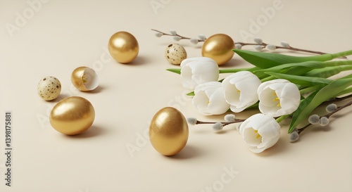 Elegant White Tulips with Golden Easter Eggs
