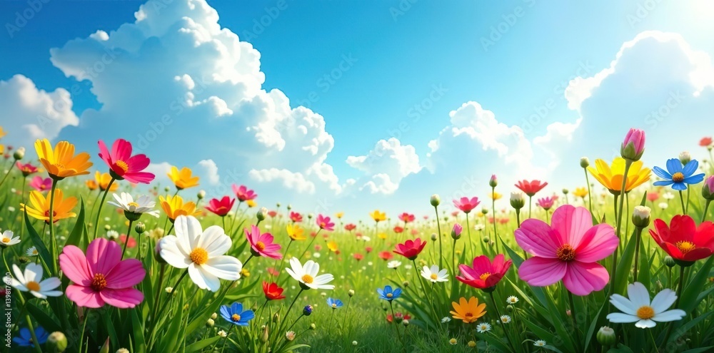 Vivid field of multi-colored flowers blooming under a vibrant blue sky, landscape, blossom Vivid field of multi-colored flowers blooming under a vibrant blue sky, landscape, blossom