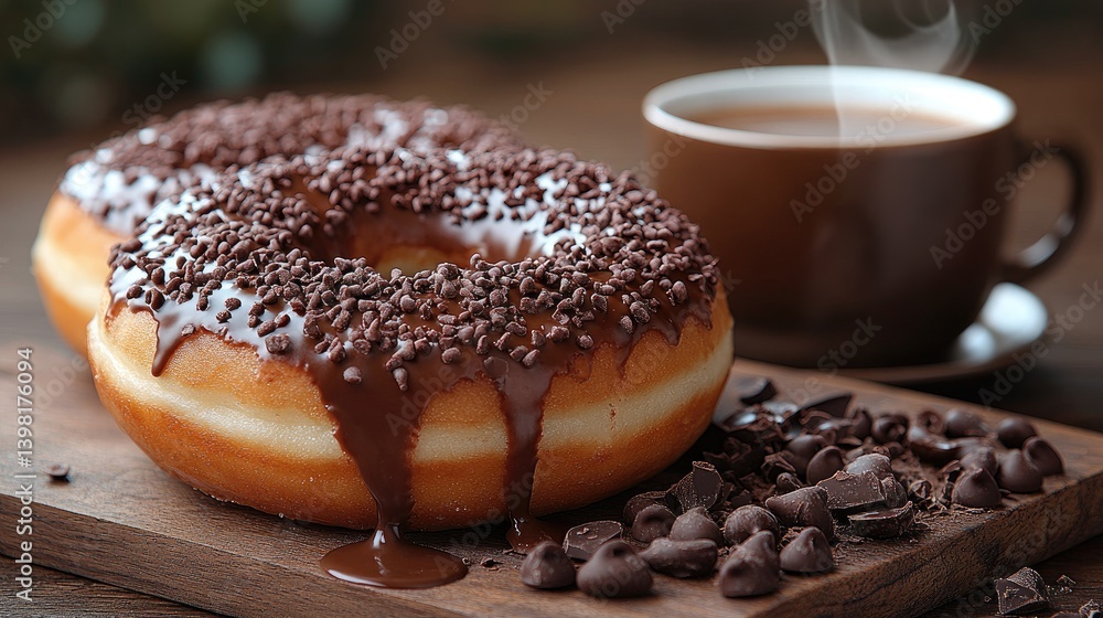 Two chocolate-glazed donuts with chocolate sprinkles, alongside a cup of coffee and chocolate chips on a wooden board Two chocolate-glazed donuts with chocolate sprinkles, alongside a cup of coffee and chocolate chips on a wooden board
