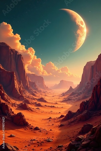 Vivid illustration of Martian landscapes showing signs of potential life,  science fiction,  exploration