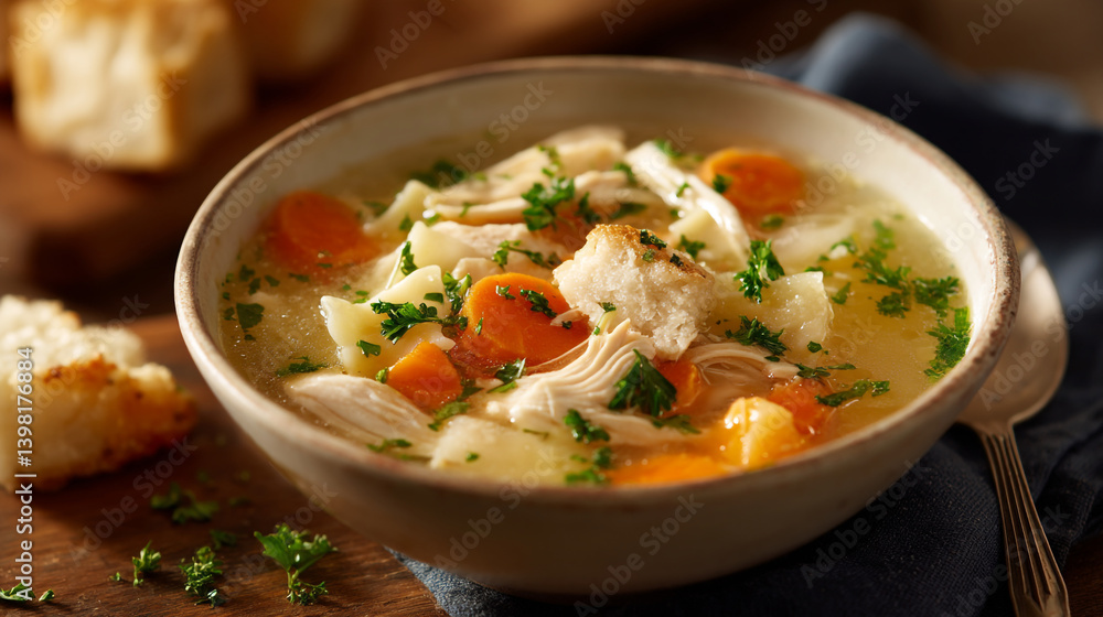 A bowl of chicken soup with carrots and parsley served with bread on a wooden surface close up shot A bowl of chicken soup with carrots and parsley served with bread on a wooden surface close up shot