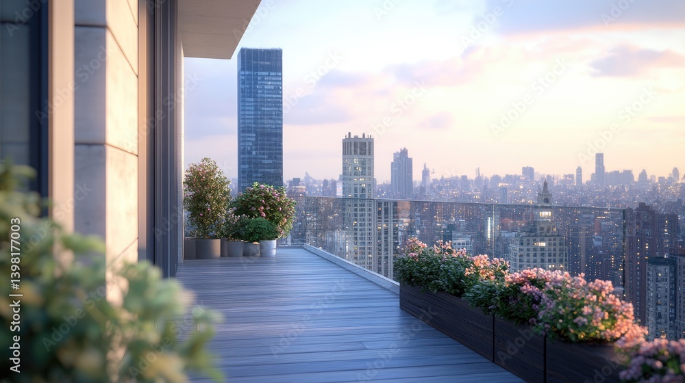 Fototapeta premium High rise balcony overlooking a vast urban city skyline at sunset