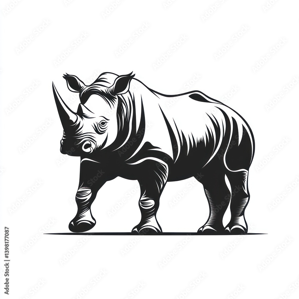 Obraz premium Monochrome rhino illustration, African savanna background, wildlife design