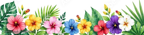 Watercolor painting of a vibrant collection of tropical plants and flowers including palm leaves, roses, hibiscus, pansies, and ferns on a white background,  rose,  painting