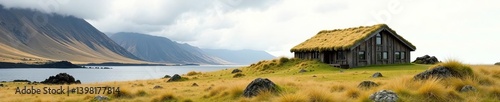 Watercolor painting of turf house in volcanic landscape,  volcanic,  rustic