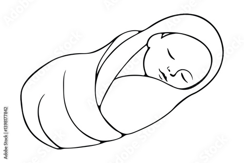 Newborn Baby Swaddled In Blanket Sleeps Peacefully Simple Continuous Line Drawing Illustration Depicting Infant Care And Peaceful Slumber