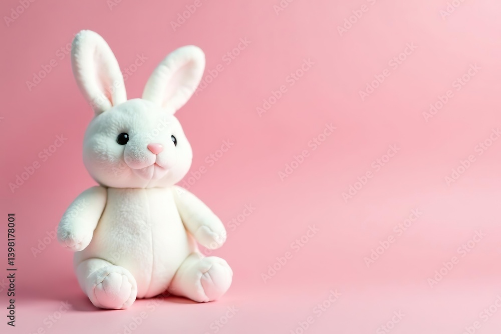 Fototapeta premium White plush rabbit toy placed on soft pastel pink background, whimsical, kids