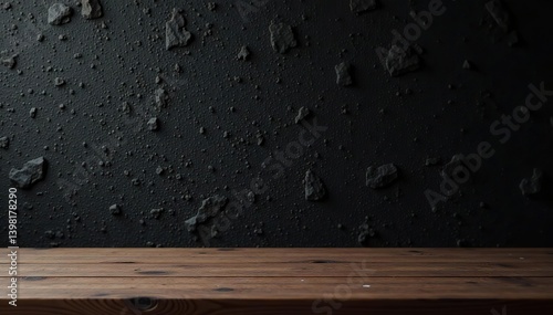 Wooden table or counter top made of dark wood with a smooth black stone wall background,  black,  wood