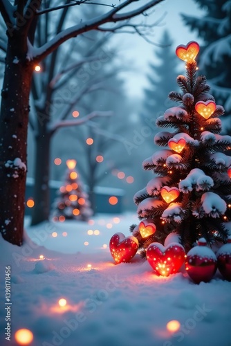 Winter background with glowing hearts, snow-covered trees, and festive decorations for St Valentine's Day and New Year,  hearts,  nature