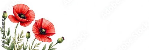 Watercolor vector illustration of red poppy flowers on white background,  decoration,  vector