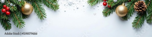 White snowy Christmas background adorned with green fir branches, pine cones, red berries, and shimmering ornaments,  winter, Christmas