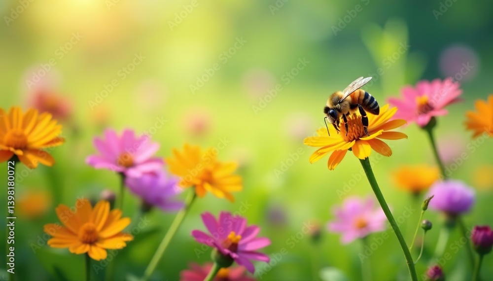 Vivid wildflower meadow buzzing with bees pollinating colorful blooms, outdoors, wildflower Vivid wildflower meadow buzzing with bees pollinating colorful blooms, outdoors, wildflower
