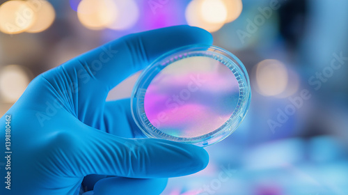 Close up technician holds silicon wafer with gloves and inspects it at a semiconductor fabrication plant. Generative AI