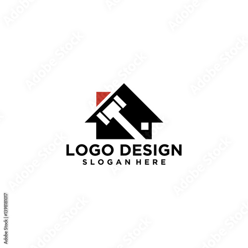 House Gavel Logo Design: Black and Red House Icon with Gavel