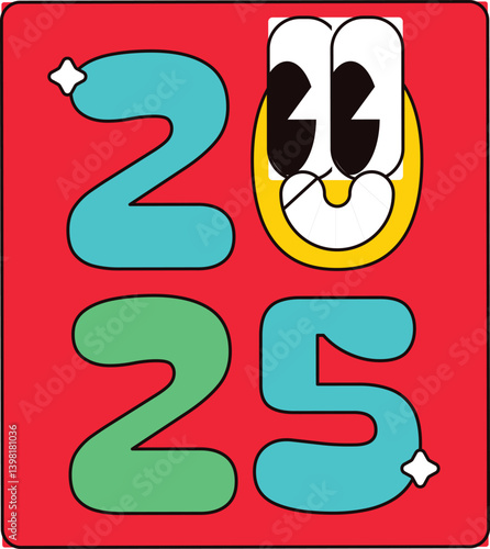 Funny Hello 2025 Retro Y2k Sticker for Chinese New Year. New Year velcro for sticker pack or gift card in old style of 2000. Cartoon Y2K retro sticker on white background