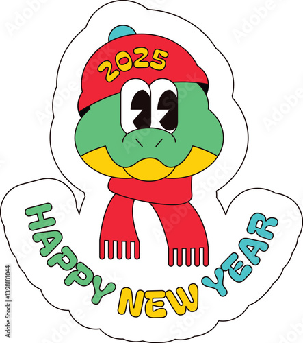 Head smiling new year snakes in red winter hat and knitted scarf for Chinese calendar. New Year velcro for sticker pack or gift card in old style of 2000. Cartoon Y2K retro sticker on white background