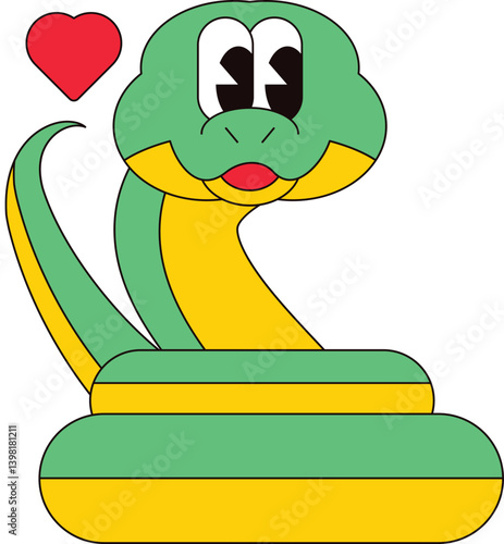 Friendly coiled snake in love symbol of Chinese new year. New Year velcro for sticker pack or gift card in old style of 2000. Cartoon Y2K retro sticker on white background