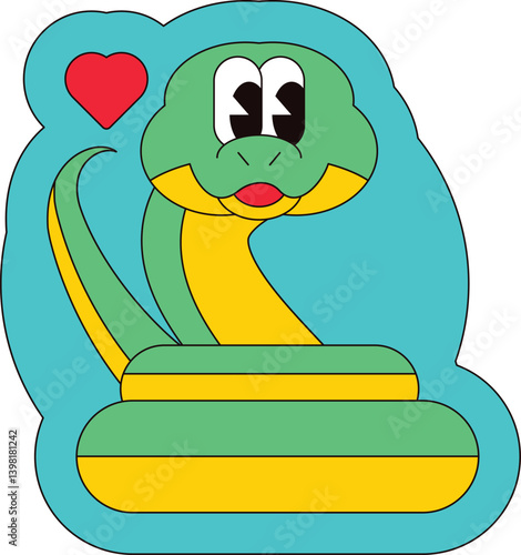 Friendly coiled snake in love symbol of Chinese new year. New Year velcro for sticker pack or gift card in old style of 2000. Cartoon Y2K retro sticker on white background