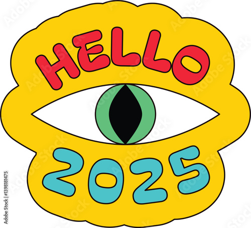Funny Hello 2025 Retro Y2k Sticker for Chinese New Year. New Year velcro for sticker pack or gift card in old style of 2000. Cartoon Y2K retro sticker on white background