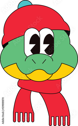 Head smiling new year snakes in red winter hat and knitted scarf for Chinese calendar. New Year velcro for sticker pack or gift card in old style of 2000. Cartoon Y2K retro sticker on white background