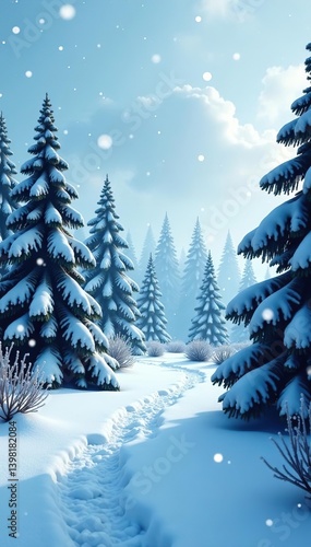 Winter wonderland with snow falling gently on a forest of snow-covered fir trees and snowdrifts, creating a magical backdrop for Christmas and New Year greetings,  greeting,  fir trees