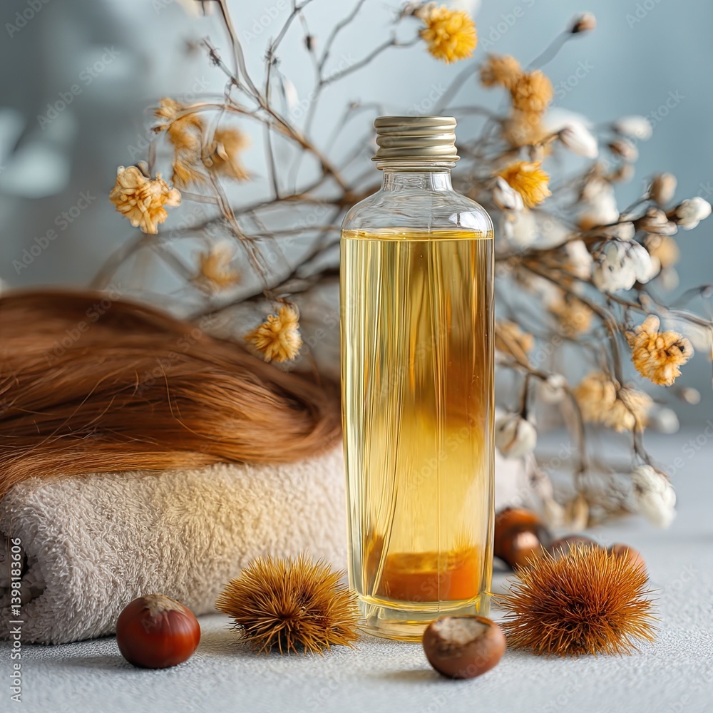 Fototapeta premium Elegant hair oil and smooth hair product for hair care, featuring hair care ingredients and hair care packaging for silky results 