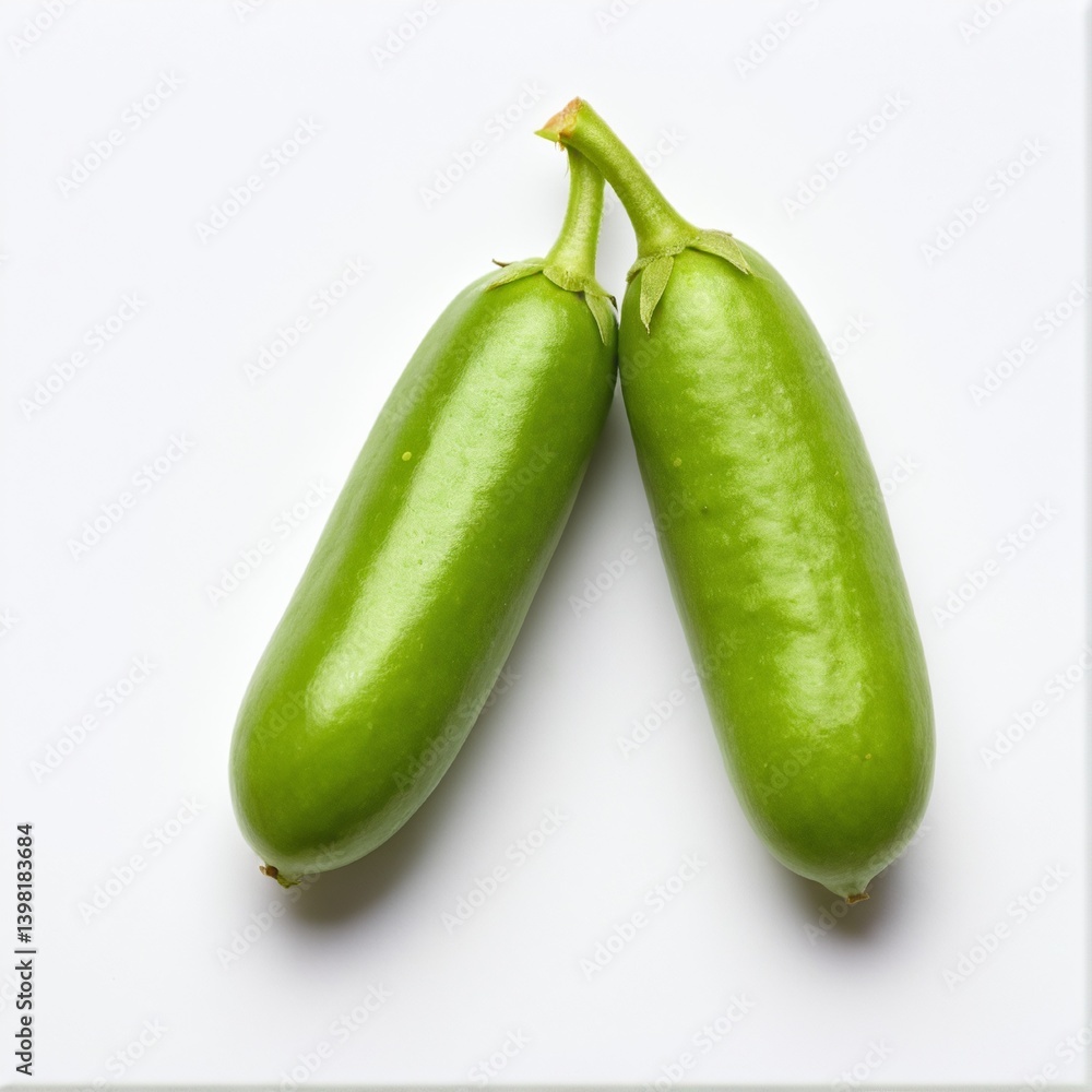 Two Smooth Green Vegetables, Close-Up Against a White Backdrop, Showing Natural Details and Subtle Color Variations. Two Smooth Green Vegetables, Close-Up Against a White Backdrop, Showing Natural Details and Subtle Color Variations.