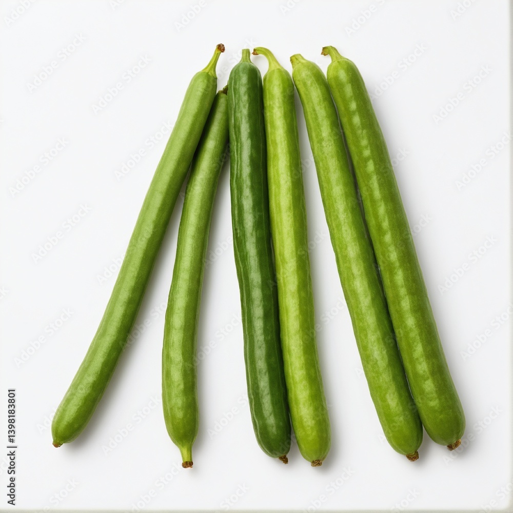 An Array of Fresh Cucumbers: A Vibrant Still Life of Green Cylindrical Vegetables on a Plain White Backdrop. An Array of Fresh Cucumbers: A Vibrant Still Life of Green Cylindrical Vegetables on a Plain White Backdrop.