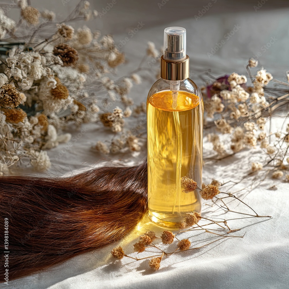 Fototapeta premium Elegant hair oil and smooth hair product for hair care, featuring hair care ingredients and hair care packaging for silky results 