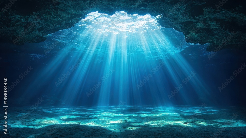 Fototapeta premium Dramatic underwater cave light beams cutting through mysterious atmosphere low angle perspective rich textures, Realistic Photo
