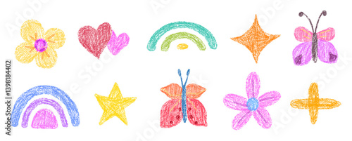 Set of flower and rainbow drawing with crayon or chalk texture