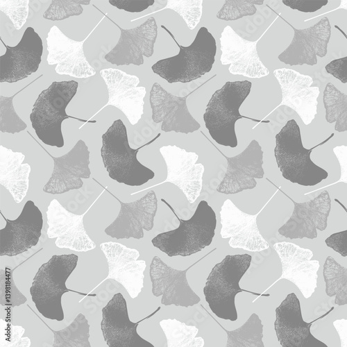 Bild auf Leinwand Seamless pattern with ginkgo biloba leaves in gray tones