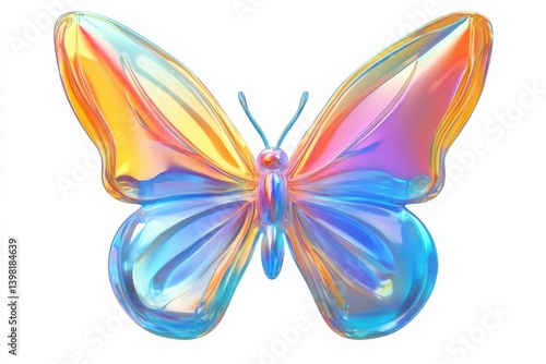 Butterfly fluid holographic iridescent 3D render icon isolated on white background cutout