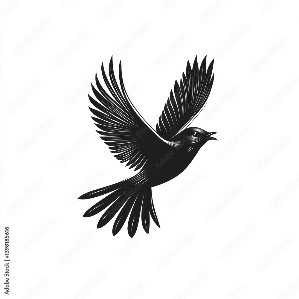 Obraz premium Black bird soaring, white background, freedom concept, logo design