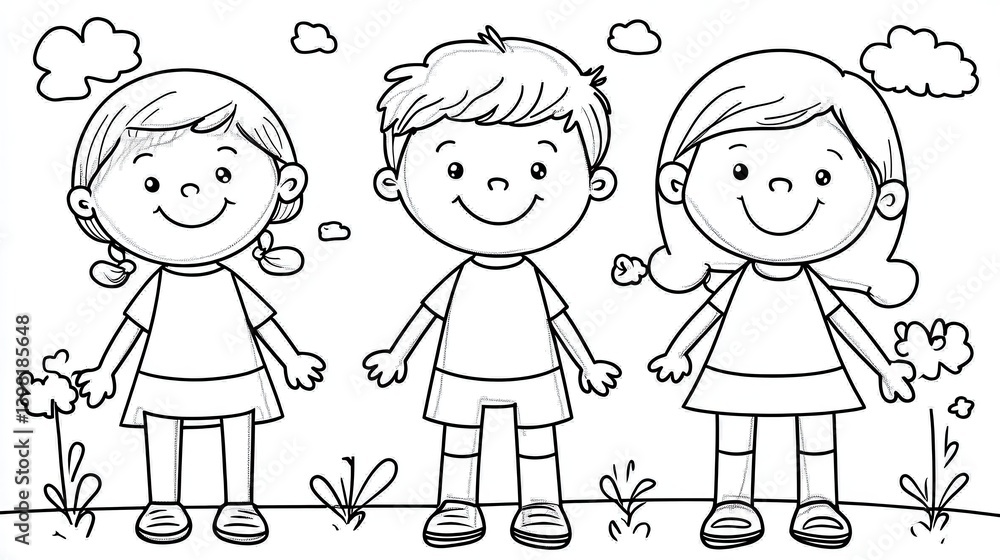 A charming line drawing of three children with smiling faces, showcasing their playful and cheerful nature. A charming line drawing of three children with smiling faces, showcasing their playful and cheerful nature.