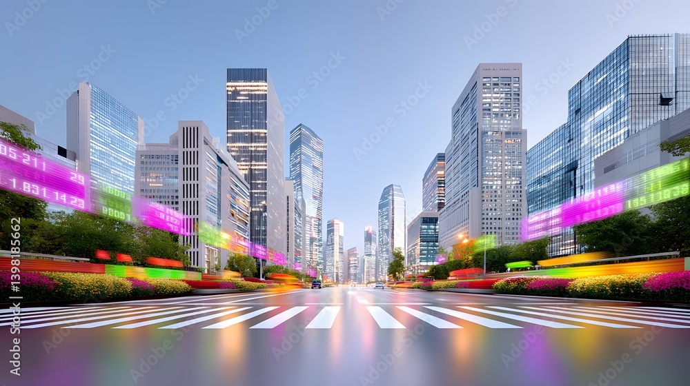 Fototapeta premium Digital trade wall flowing trade data in a modern cityscape urban environment high-tech viewpoint