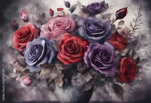 dark graphic arrangement roses black red painted vintage floral watercolor made foliage hand bouquet purple victorian style chaplet art halloween maroon rose template flower gothic goth autumn