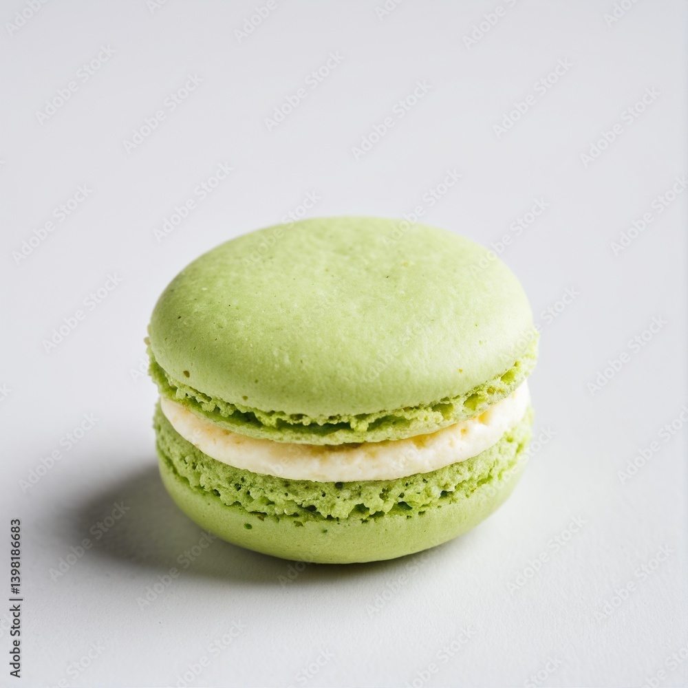 Pistachio Perfection: A close-up view of a delightful green macaron with a creamy filling on a clean, minimalist background. Pistachio Perfection: A close-up view of a delightful green macaron with a creamy filling on a clean, minimalist background.