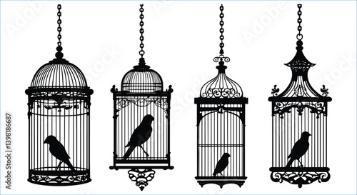 Bird cages with bird silhouettes vector elements. Decorative hanging cages with bird silhouettes vector art