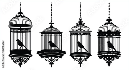 Bird cages with bird silhouettes vector elements. Decorative hanging cages with bird silhouettes vector art