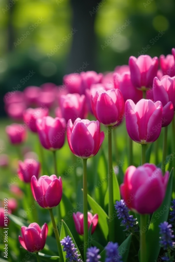 A profusion of purple tulips and verdant foliage in a spring garden , floral, detail A profusion of purple tulips and verdant foliage in a spring garden , floral, detail