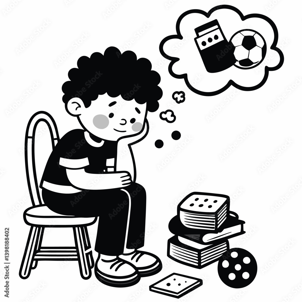 Vector black silhouettes the child does not know how to express his thoughts. Daydreaming Child with Soccer Ball Thought Bubble. black silhouettes of Child Daydreaming. 